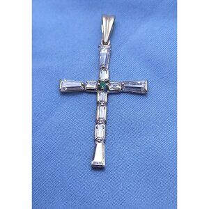 Unique 14K Karat Solid White Gold Designer Religious Emerald & CZ Cross Pendant